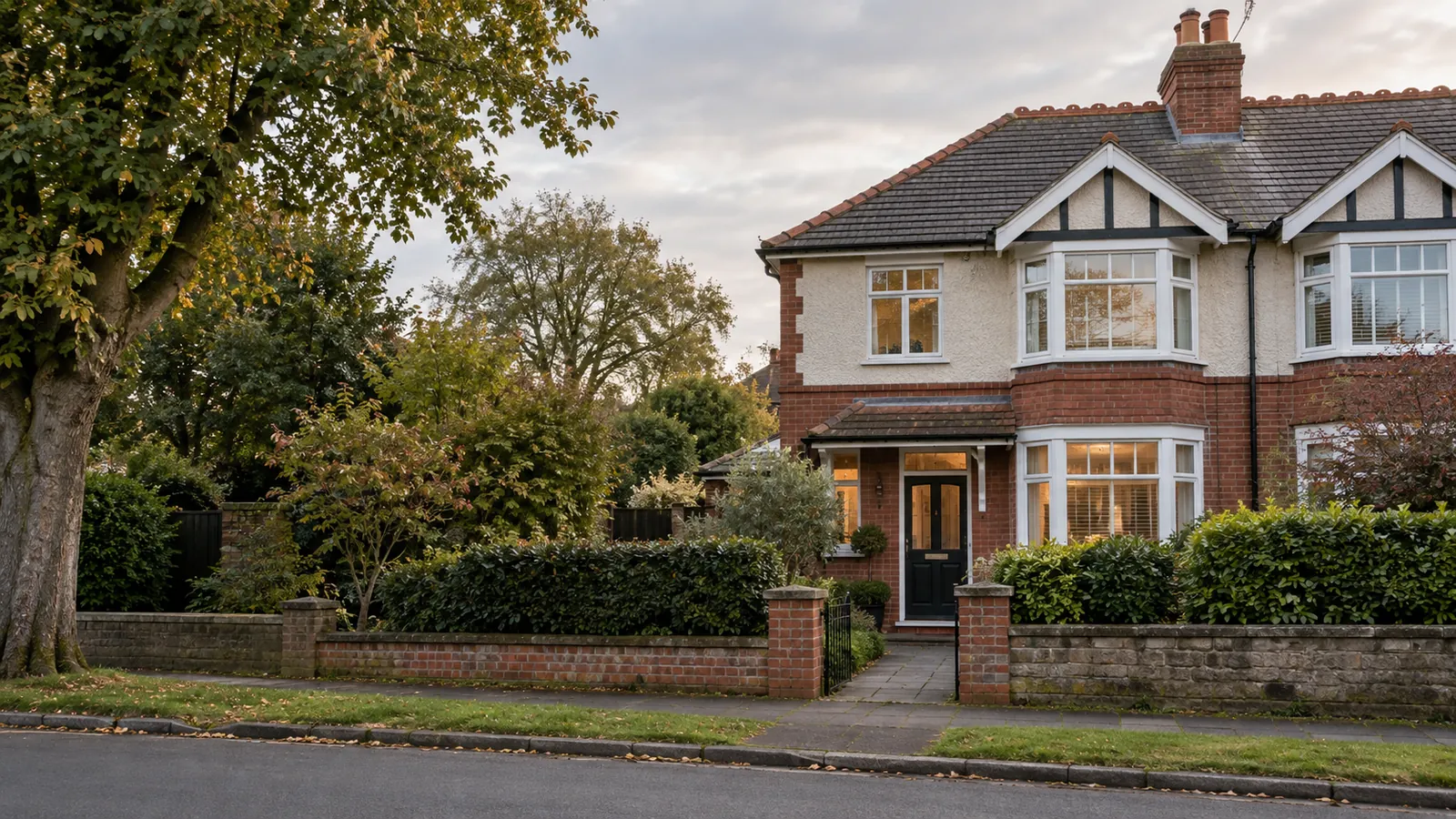 A red-brick family house on a leafy residential street